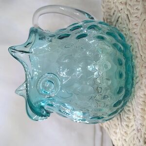 Vintage Aqua Blue Handblown Glass Owl Pitcher